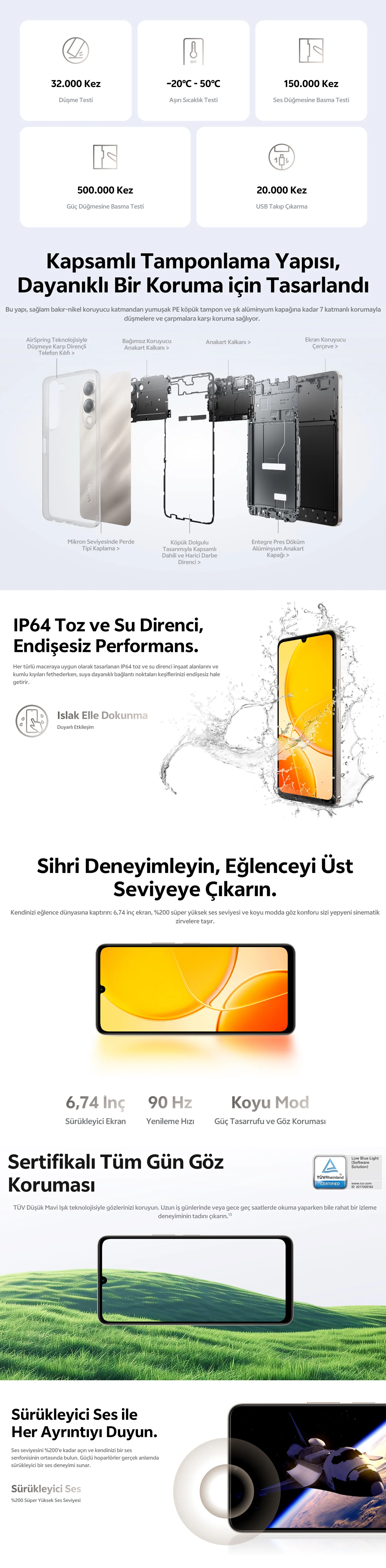 vivo Y29s 5G IP64 toz ve su direnci gövde detay